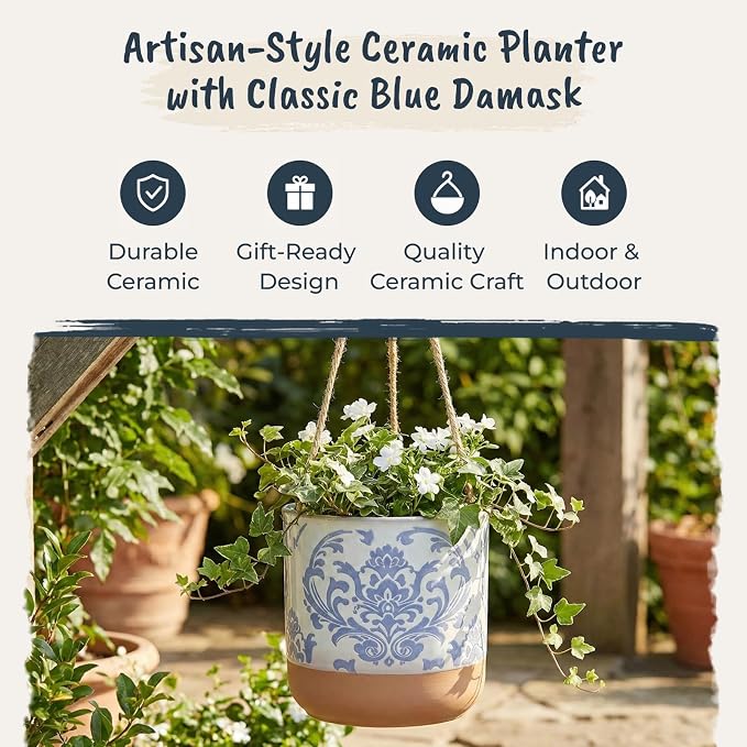Blue Sky Clayworks 5" Hanging Chantel Blue Planter, Soft Blue Damask & Clay Foot - Image 7