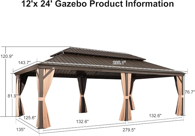 PURPLE LEAF 12' X 24' Outdoor Hardtop Gazebo Patio Wide Aluminum Frame Metal - Image 9