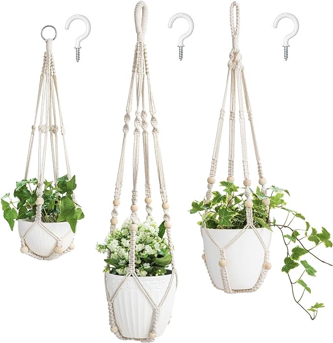 Mkono 3 Pack Macrame Plant Hangers Indoor Different Size Hanging Planter Basket by Mkono