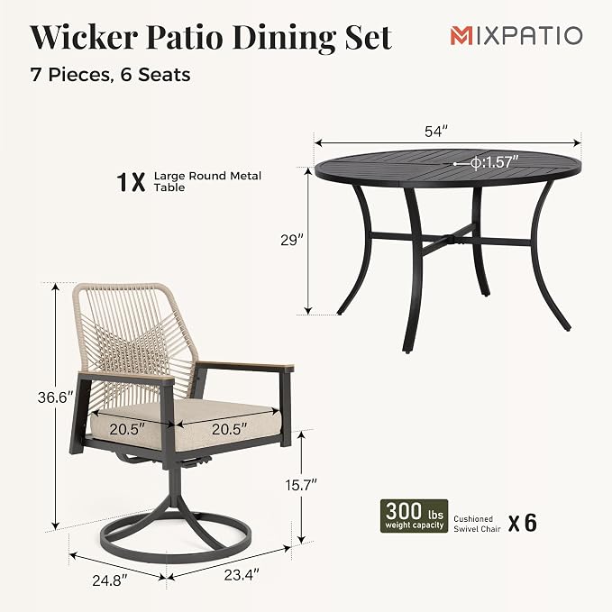 7 Pieces Outdoor Patio Dining Set, Wicker Patio Table and Chairs Set of 6 - Image 6