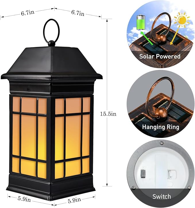 15.5" Solar Lantern Outdoor Waterproof, Glass Flickering Flame Solar Lanterns - Image 4