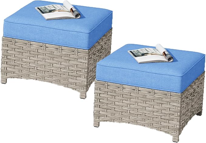 HOOOWOOO 2 Piece Patio Ottoman Set, Outdoor Wicker Ottomans, All Weather by DesignforBetterLife
