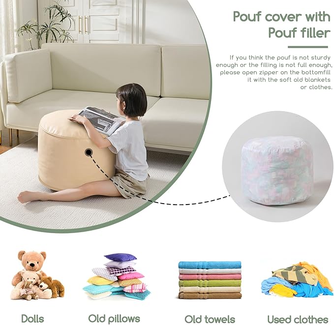 HIGOGOGO Round Stuffed Pouf Ottoman, Pu Leather Poufs - Image 4