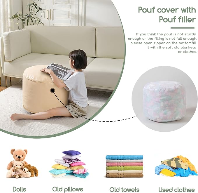 HIGOGOGO Round Stuffed Pouf Ottoman, Pu Leather Poufs - Image 6