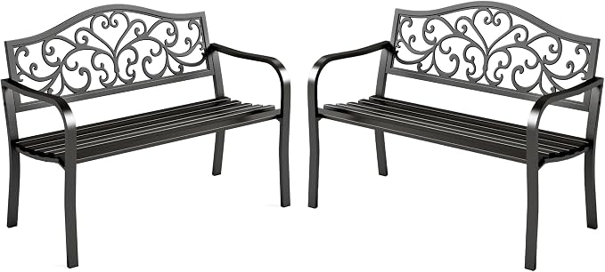 MFSTUDIO Outdoor Metal Bench Set of 2, Garden Patio 43.7 Inches Cast Iron Metal by MFSTUDIO