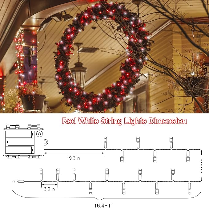 4 Pack Red White Christmas Lights Battery Operated 16.4Ft 50 LED Wreath String - Image 7