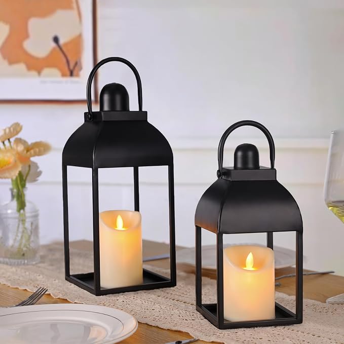 Lanterns Decorative Indoor Outdoor 15" 11" Set of 2 Lantern Decor Black Metal - Image 6