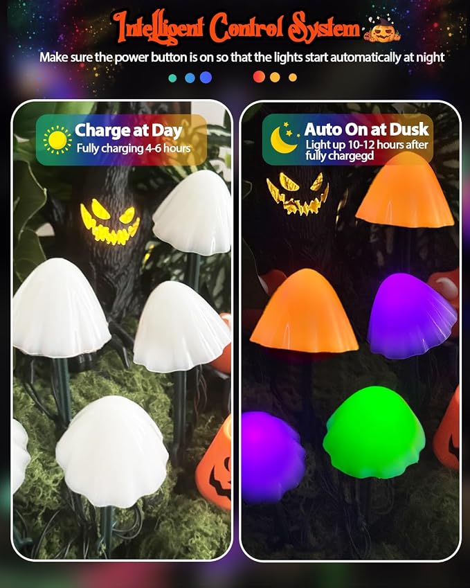 OZS 2PK 55FT 32LED Halloween Orange Purple and Green Solar Mushroom Lights - Image 7