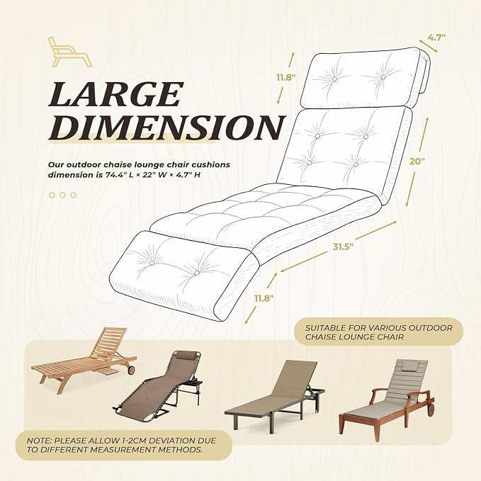 Outdoor Chaise Lounge Cushion Waterproof, 74.4x22x4.7 Inch Oxford Fabric - Image 3