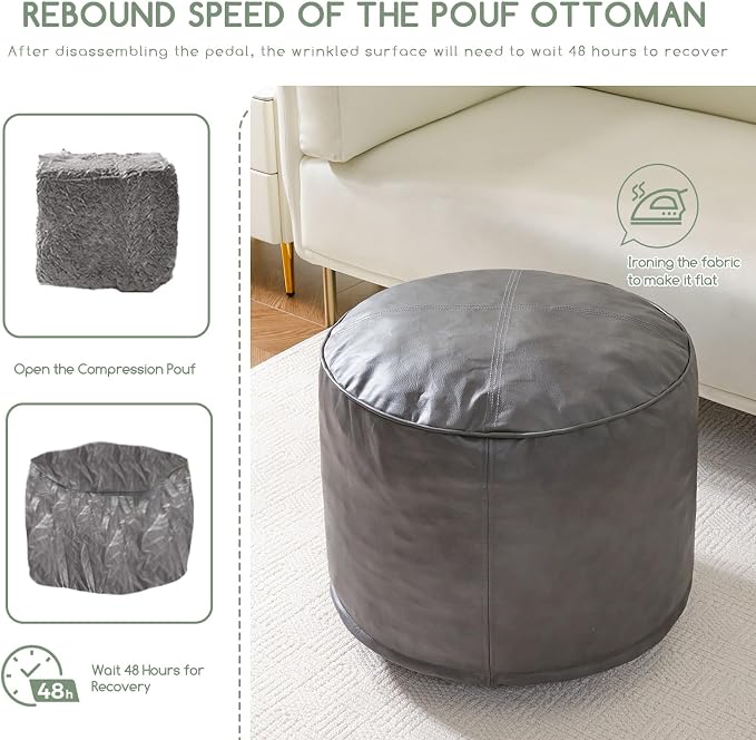 HIGOGOGO Round Stuffed Pouf Ottoman, Pu Leather Poufs - Image 5
