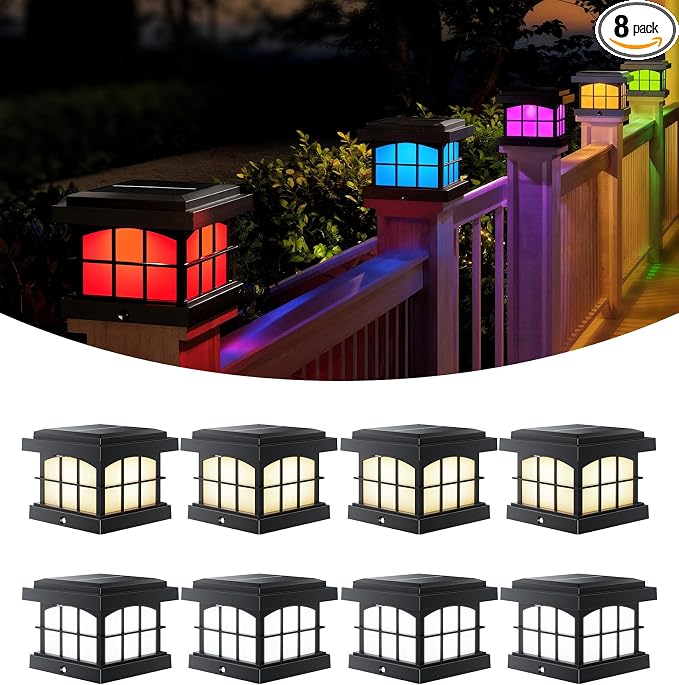 PARTPHONER RGBCW Solar Post Cap Lights 8-Pack, 9 Colors 3 Modes Fence Caps by PARTPHONER