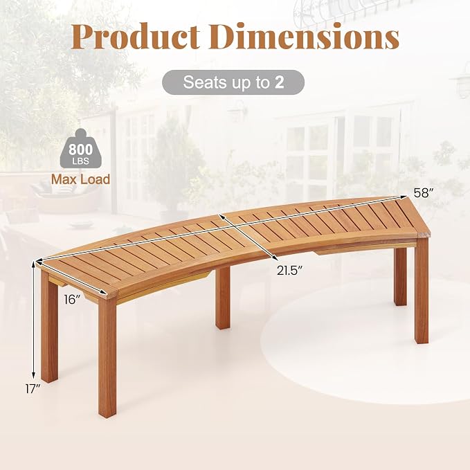 Tangkula Outdoor Curved Bench, Acacia Wood Fire Pit Bench w/Slatted Seat - Image 3