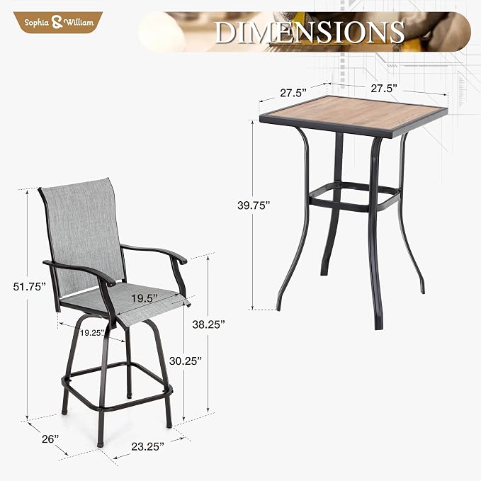Sophia & William Outdoor Bar Set, Patio Bar Table and Chairs Set, Bar Height - Image 6