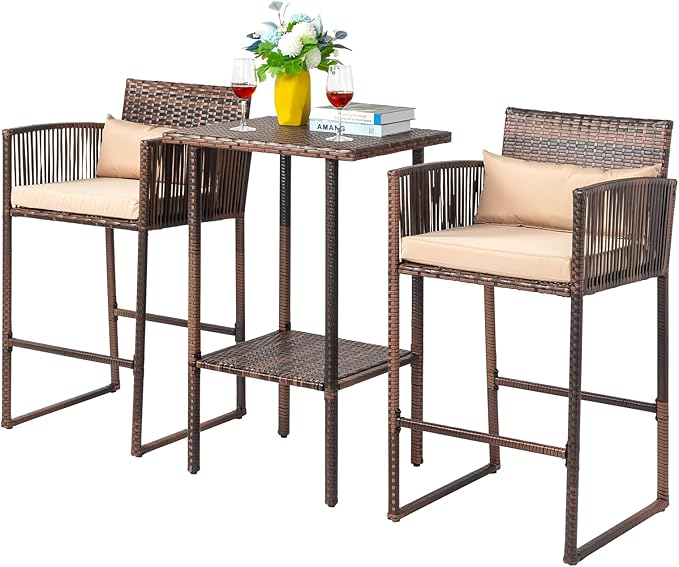 VINGLI 3 PCS Patio Bar Set Wicker, Outdoor Bar Table and Bar Stools by VINGLI