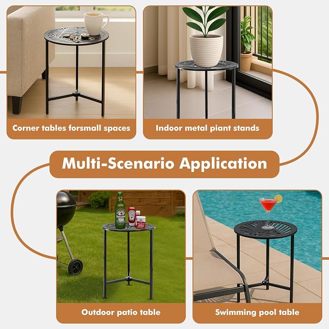 Party Zealot Set of 2 Small Round Metal Side Tables, 13-Inch Black Outdoor End - Image 5