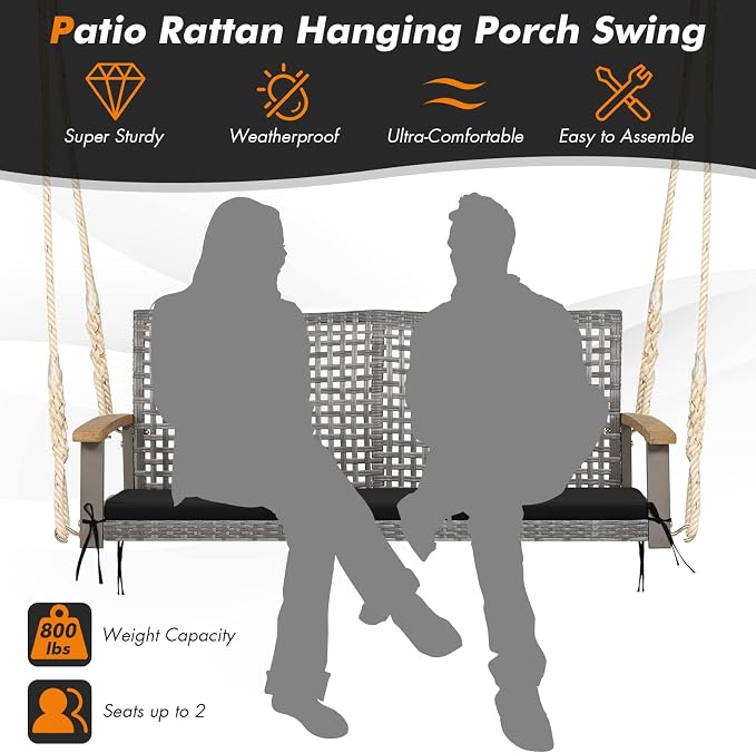 Happygrill 2-Person Patio Porch Swing Chair, Outdoor Rattan Swing Bench - Image 4