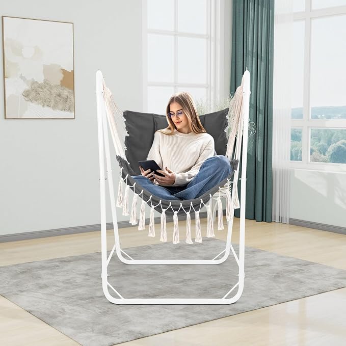 Hammock Chair with U Shape Stand, Cotton Swing Chair with Side Pocket, - Image 7