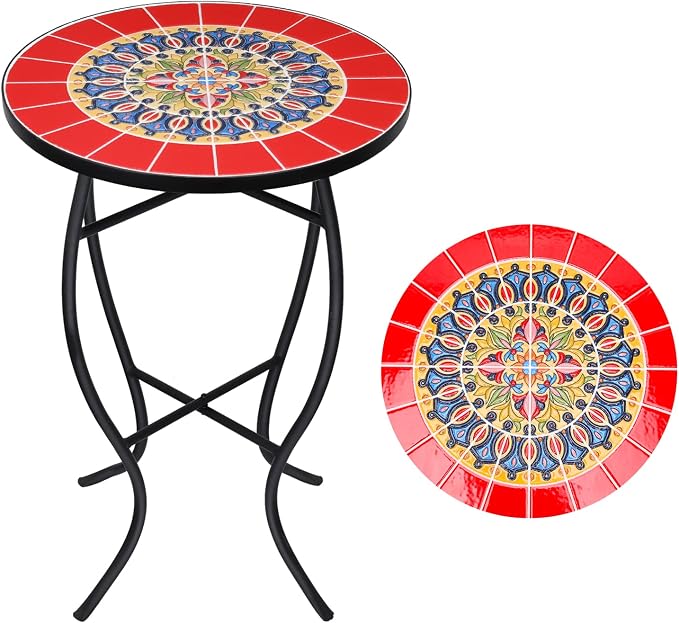VCUTEKA Mosaic Outdoor Side Table, Living Room, Bistro Balcony or Lawn Red by VCUTEKA