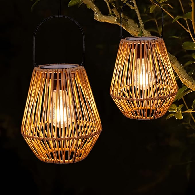 Solar Lantern, 2 Pack Solar Wicker Lanterns Outdoor Waterproof Boho Lights - Image 2