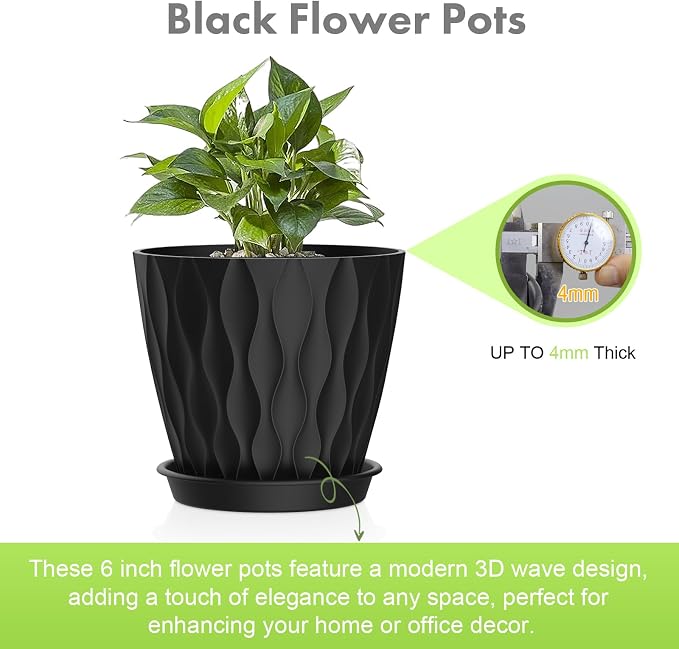 6 inch Plant Pots, 5 Pack Flower Pots - Image 3