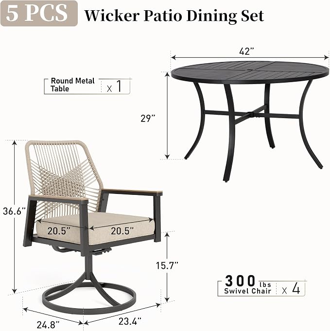 Patio Dining Set 5 Piece, 4 x Woven Rattan Swivel Chairs - Image 4