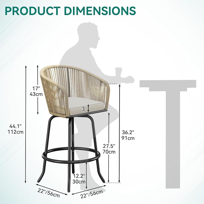 YITAHOME Patio Bar Stools Set of 4, Counter Height Swivel Bar Stools - Image 2