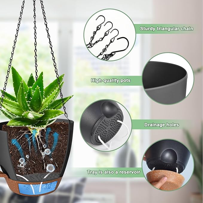 10/9/8 Inch Hanging Planter for Indoor Outdoor Plants, 3 Pack Self-Watering - Image 3