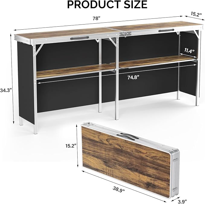 VINGLI 78" Portable Bar Table, 2-Tier Shelves, Mobile Bar Table - Image 3