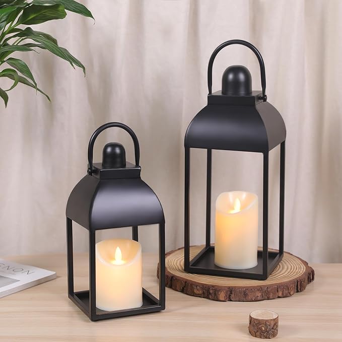 Lanterns Decorative Indoor Outdoor 15" 11" Set of 2 Lantern Decor Black Metal by MATAHUMbeyourbetterchoice