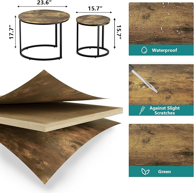 Smuxee Nesting Coffee Table Set of 2, 23.6" Round Coffee Table Rustic Wood Top - Image 2