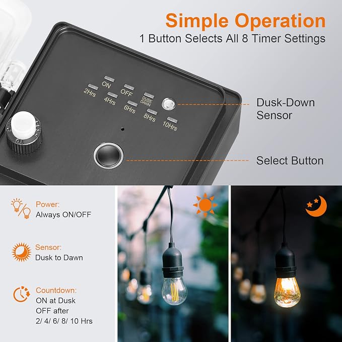 SURAIELEC Outdoor Power Stake Light Timer, Dusk to Dawn, 6 Electrical Outlet - Image 2