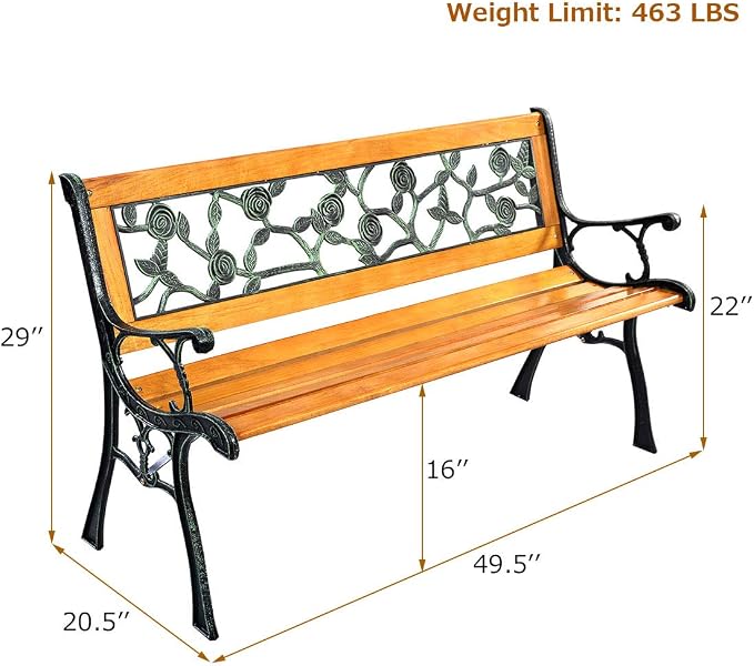 Giantex 50'' Patio Park Garden Bench, Outdoor Furniture Rose Cast Iron Hardwood - Image 3