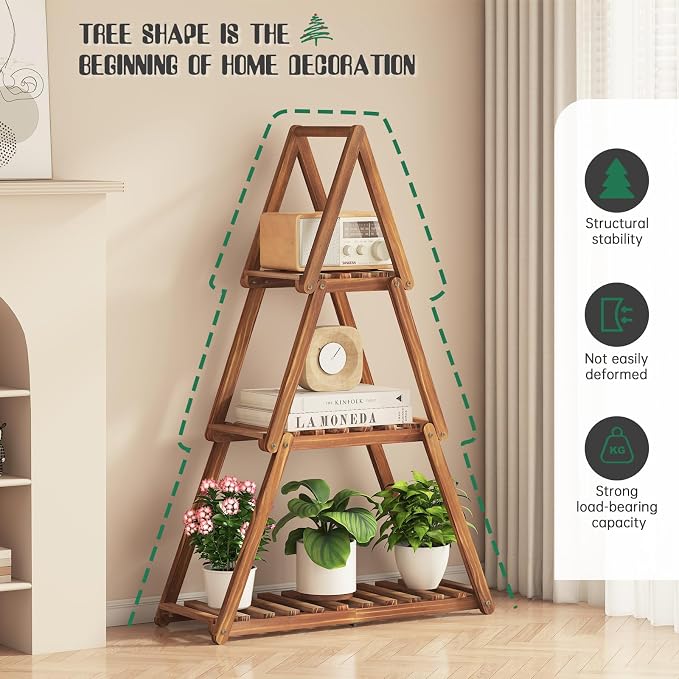 Wooden Plant Stand Indoor Outdoor, Christmas Tree Plant Shelf Indoor, 3 Tier - Image 2