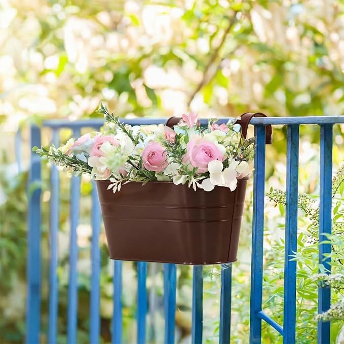 3 Pack Metal Railing Planters, 10.5" Oval Hanging Flower Pots - Image 7