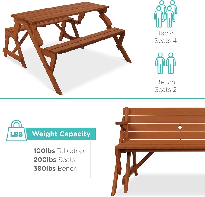 Best Choice Products 2-in-1 Transforming Interchangeable Outdoor Wooden Picnic - Image 7