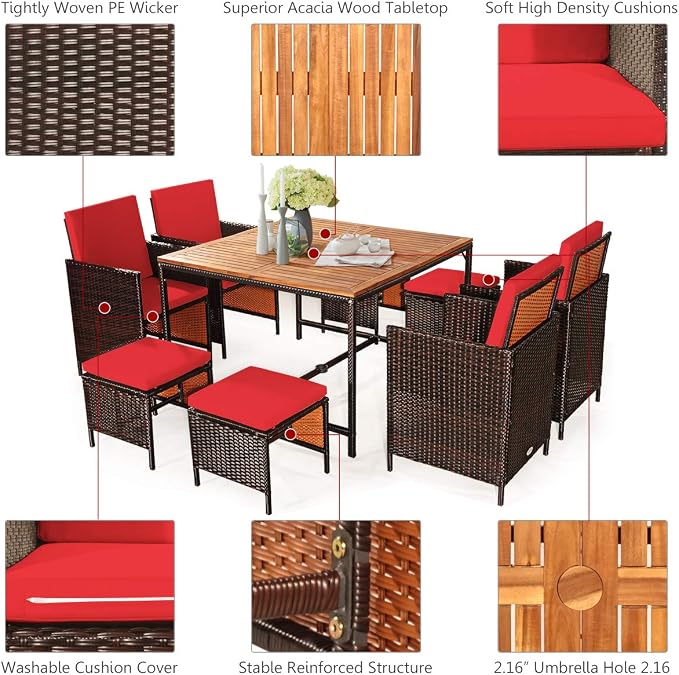 Tangkula 9 Pieces Acacia Wood Patio Dining Set, Space Saving Wicker Chairs and - Image 8