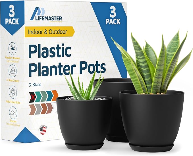 Black Plant Pots with Drainage Holes & Saucers 3 Pack, Indoor & Outdoor by LIFEMASTER