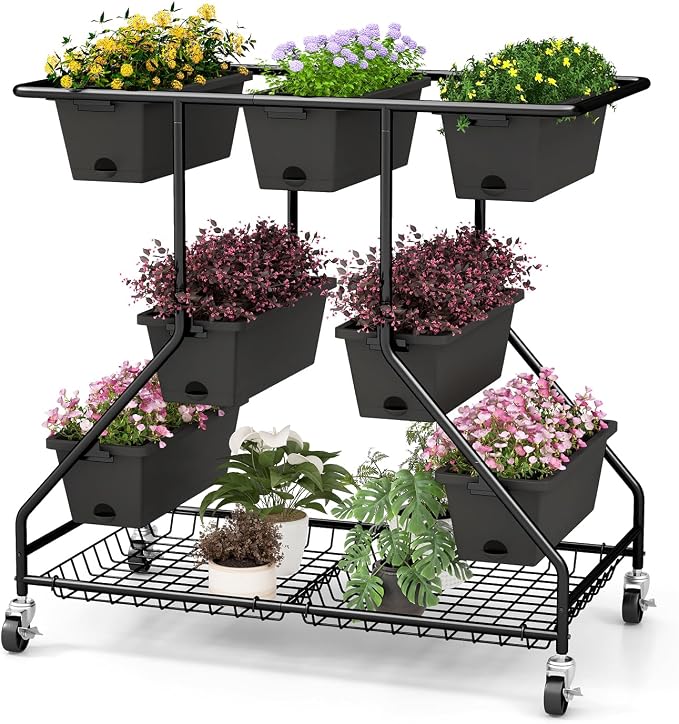 Giantex Rolling Raised Garden Bed w/ 7 Planter Boxes, Storage Baskets, Drainage by Giantex