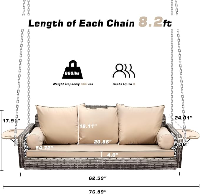 Grepatio 3 Person Porch Swing Patio Wicker Hanging Porch Swing Chair Outdoor - Image 7