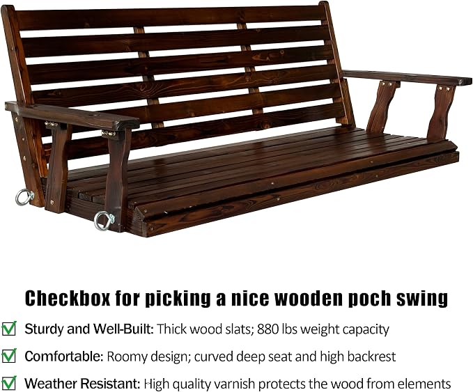 Wooden Porch Swing, Ergonomic Seat, Bench Swing - Image 3