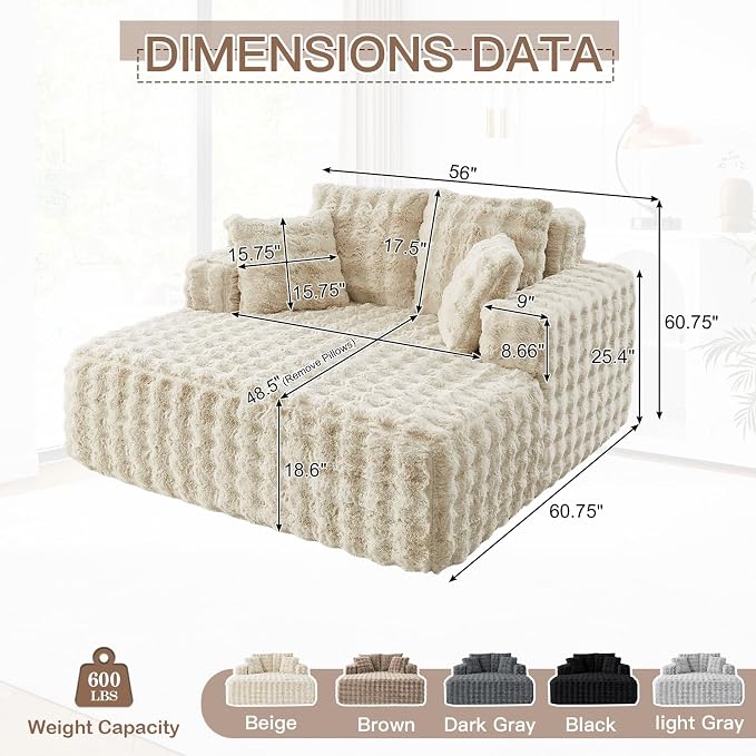 56" W Oversized Chaise Lounge Chair Indoor, Plush Faux Fur Sleeper Couch Sofa - Image 2