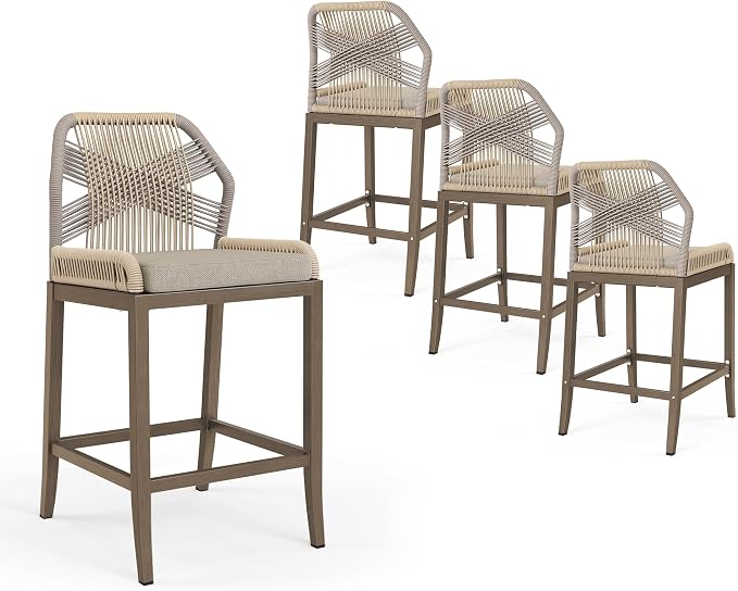 Outdoor Bar Stools, Rattan Outdoor Counter Height Bar Stools Set of 4, 26.5" H - Image 8