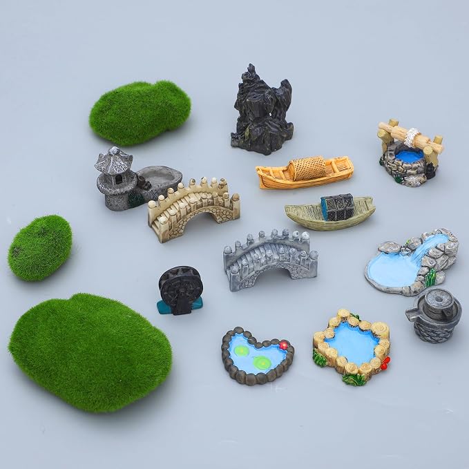 ONEST 15 Pieces Garden Miniature Accessories Mini Bridge Lighthouse Well Pond - Image 3