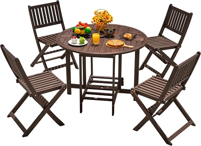 Devoko 5 PCS Patio Furniture, Patio Dining Set Acacia Wood Outdoor Table and by DEVOKO
