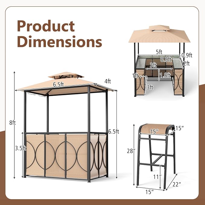 Tangkula 3-Piece Patio Bar Set, Grill Gazebo & 2 Bar Stools - Image 5