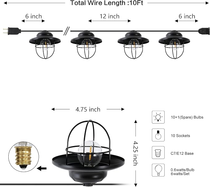 JONATHAN Y 10' Black 10-Light Rustic Farmhouse LED String Lights - Image 3