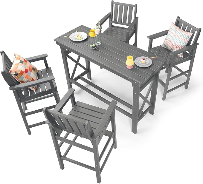 5-Piece HDPE Patio Bar Set, Rectangular Bar Height Table and 4 Adirondack Bar by SeeHill