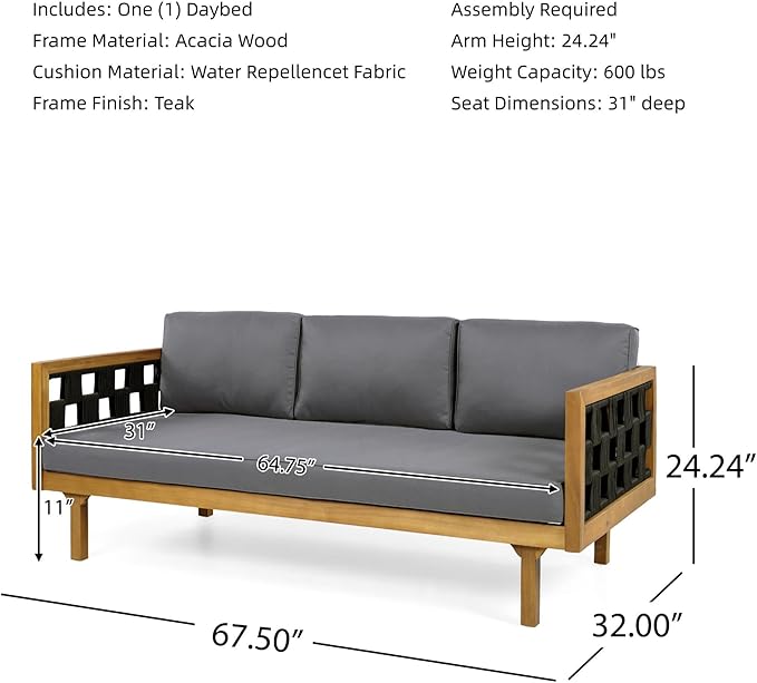 Merax Outdoor 3 Seater Daybed, Acacia Wood Patio Day Bed Couch Sofa - Image 2