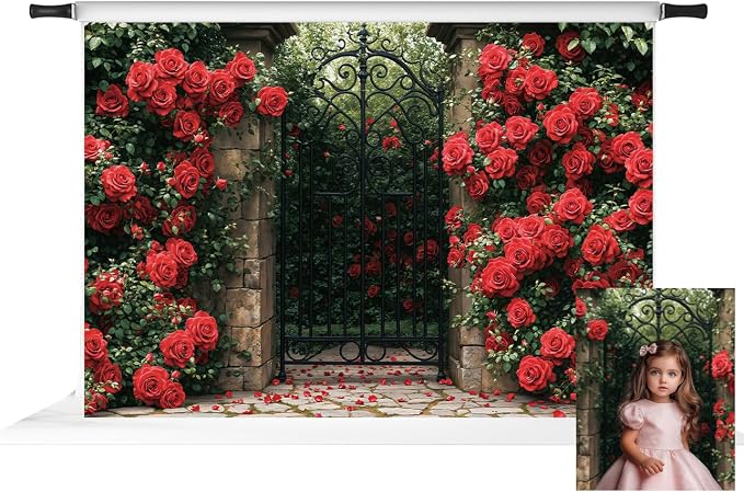 Kate Valentine's Day Gate Backdrop Valentine Red Roses Garden Background by KateBackdropforPhotography