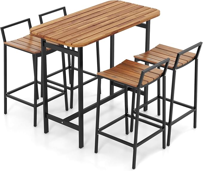 Tangkula 5 Piece Acacia Wood Bar Table Set, Outdoor Bar Height Table & Chairs by TANGKULA